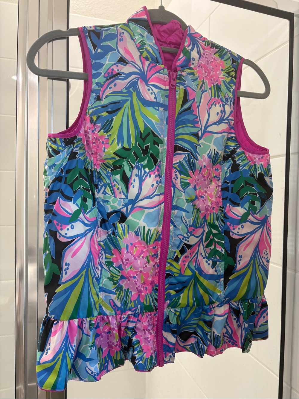 Reversible Lily Pilitzer Girls' Floral Zip-Front One-Piece Vest in Pink & Blue